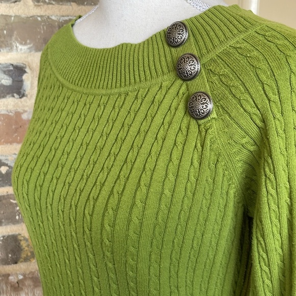 Olive Green Cotton Cable Knit Crewneck Sweater Button Accents Preppy Classic SM - Picture 5 of 10